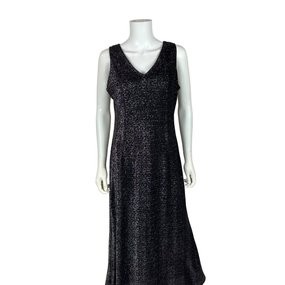 Vintage 70s Metallic Dress Womens Large Black Silver Lurex V Neck Midi Evening P - Picture 2 of 10